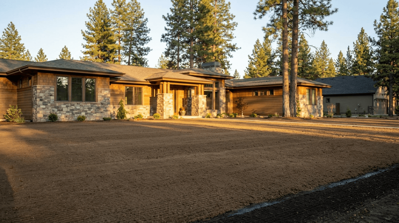 The same yard before sod — bare, freshly graded soil.